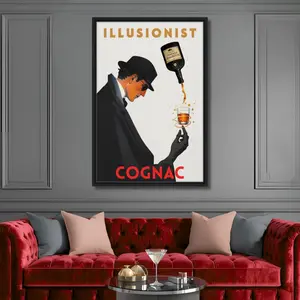 Vintage Cognac Cocktail Bar Poster Print - The Illusionist Art Deco Era Print with Dapper Figure and Levitating Bottle for Timeless Sophistication