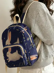 1 piece of white rabbit floral pattern 2D printed ladies' backpack, velvet texture + layered storage + lightweight and easy to carry | perfect for students to go to class/shopping/short trips | combines atmosphere with practicality