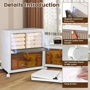 4-Tier Foldable Stackable Storage Bin with Doors, Wheels, Lid, Smooth Magnetic Boxes - Beige Home Organizer for ADHD Makeup Storage