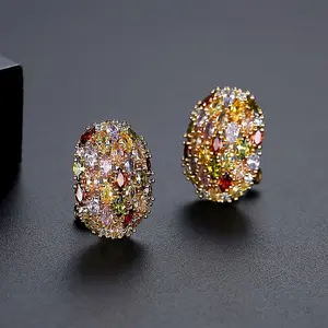 Multicolor Cubic Zirconia Ear Studs, Sparkling Rainbow Earrings with Gold-Plated Copper Base, Elegant Statement Jewelry for Women, Trendy Fashion Accessory for Sensitive Ears