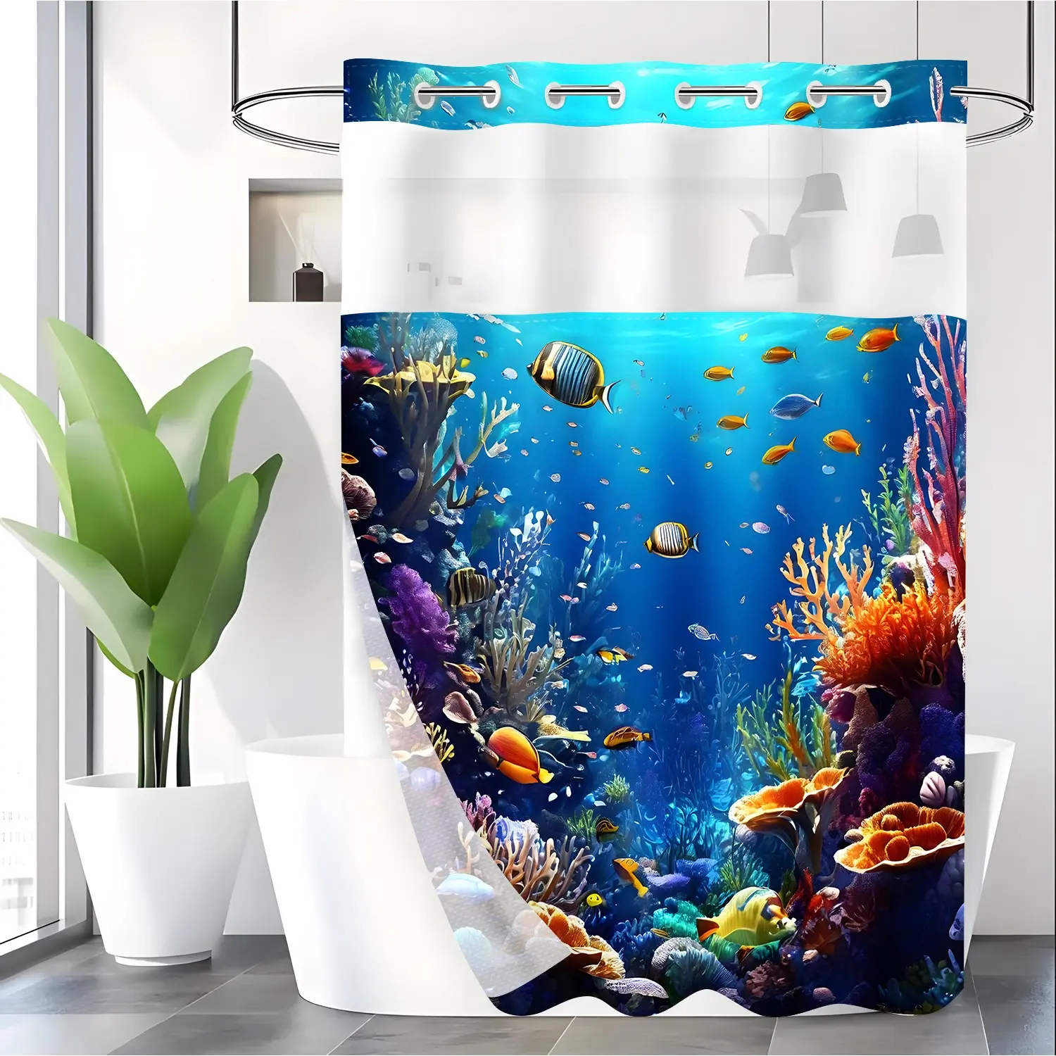 LVRLVR 1pc Tropical Underwater Ocean Coral Fish Cool Shower Curtain with Sheer Top Window, Detachable Liner & No Hook C-Ring, 70.8" x 74"