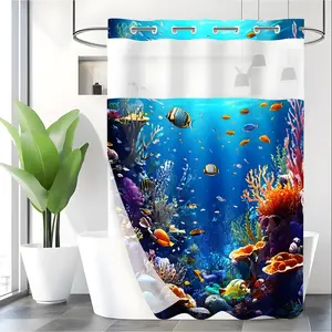 LVRLVR 1pc Underwater Ocean Coral Fish Shower Curtain with Sheer Top Window, Detachable Liner & No Hook C-Ring, 70.8" x 74"