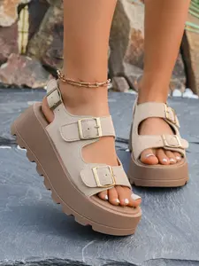 Women's Thick Sole Roman Sandals, Flatform Sandals, Open Toe Platform, Summer Fashion Casual PU Leather Slippers, Soft Rubber Outwear Shoes, Plain Design