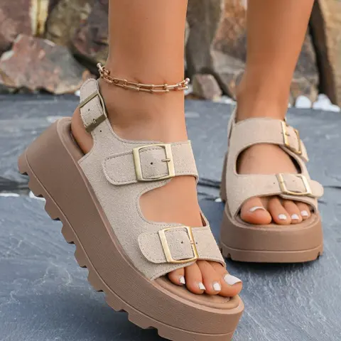 Women's Thick Sole Open Toe Sandals, Fashion Casual PU Leather Flatform Sandals, Soft Rubber Sole Shoes, Solid Color Summer Footwear, Fashionable Casual Sandals
