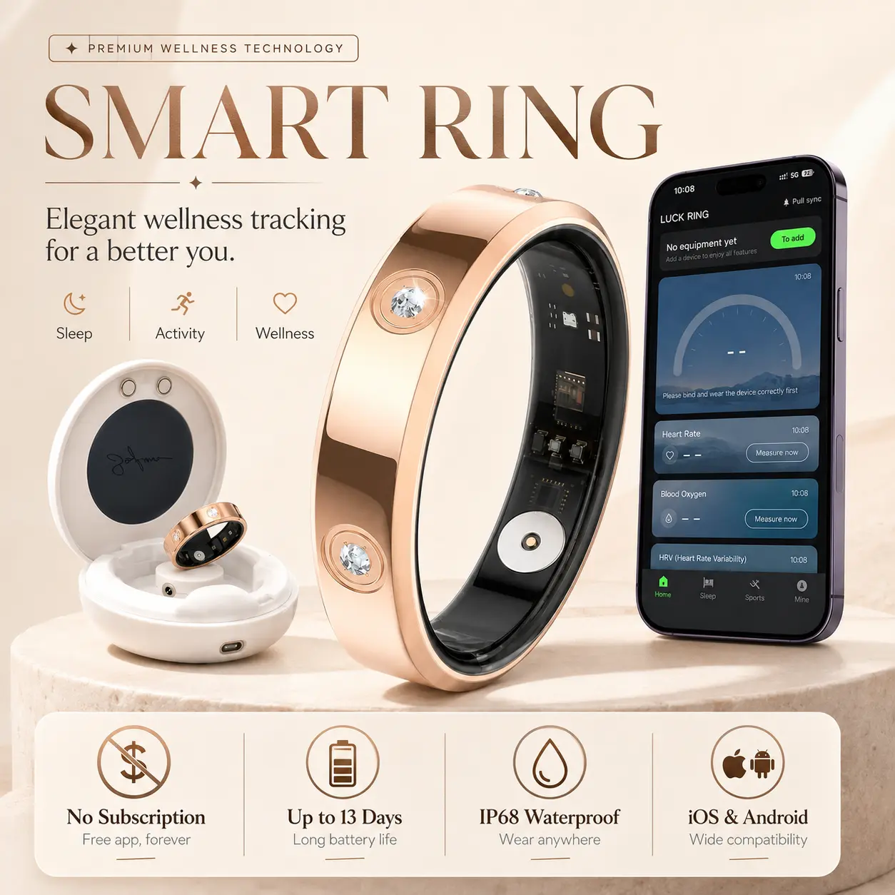 Casual Health Tracker Ring for Men & Women, Size6 Wearable Device Electronic Gadget with Stylish Sleep & Fitness Tracking, IP68 Waterproof, No Subscription, Wireless Charging Case, Camera Compatibility, Running Support, Bluetooth, Android Compatibility