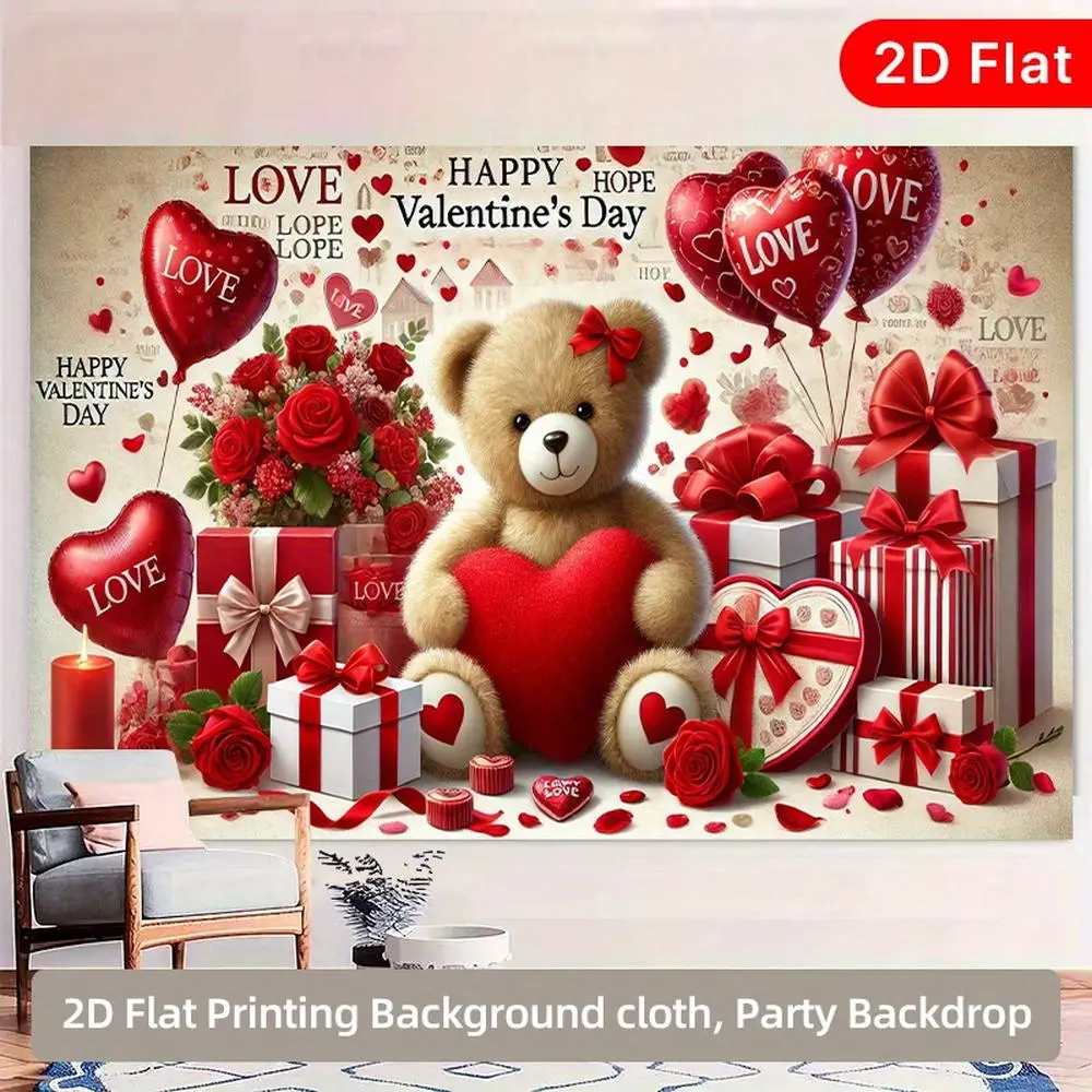 1PC Polyester 2D Flat Valentine's Day Love Teddy Bear Backdrop - 2D HD Printed Romantic Rose Gift Balloon Decor Hanging Cloth, Happy Birthday Party Photo Banner, Bedroom Festival Atmosphere Tapestry