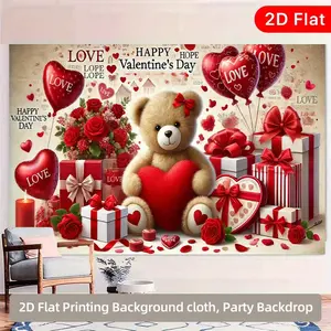1PC,2D Flat Valentine's Day Theme Love Teddy Bear Backdrop, Romantic Rose Gift Balloon Decor Hanging Cloth, Bedroom Living Room Festival Atmosphere Decoration Tapestry, 2D HD Printed Party Photo Ba