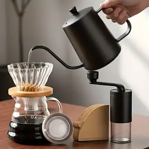 5 Pieces Pour Over Coffee Maker Set - Include 20oz/600ml Pour Over Coffee Kettle & Glass Coffee Carafe, Hand Coffee Grinder, Glass Pour Over Coffee Cone with Bamboo Stand,100pcs V02 Filter Paper Perfect for Home Brewing and Travel