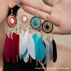 Women's Boho Style Jewelry Dangle Earrings Set - Fashionable Earrings with Ancient Ethnic Exotic Tassels, Long Oil Drip Feathers for Beach Vacation