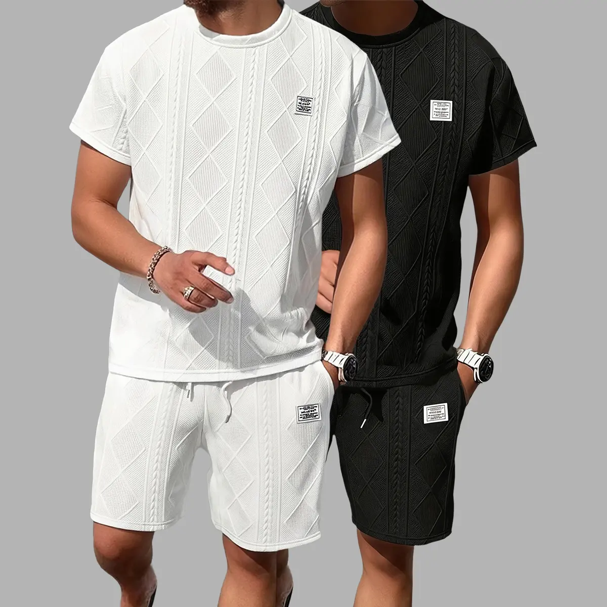 Men's 2-Piece Fashion Classic Matching Stylish Shortsleeve Jacquard Textured Crewneck T-Shirt & Shorts Set, Breathable Summer Casual Sportswear, Black+White (1 Set), Outfits, Two Piece Set