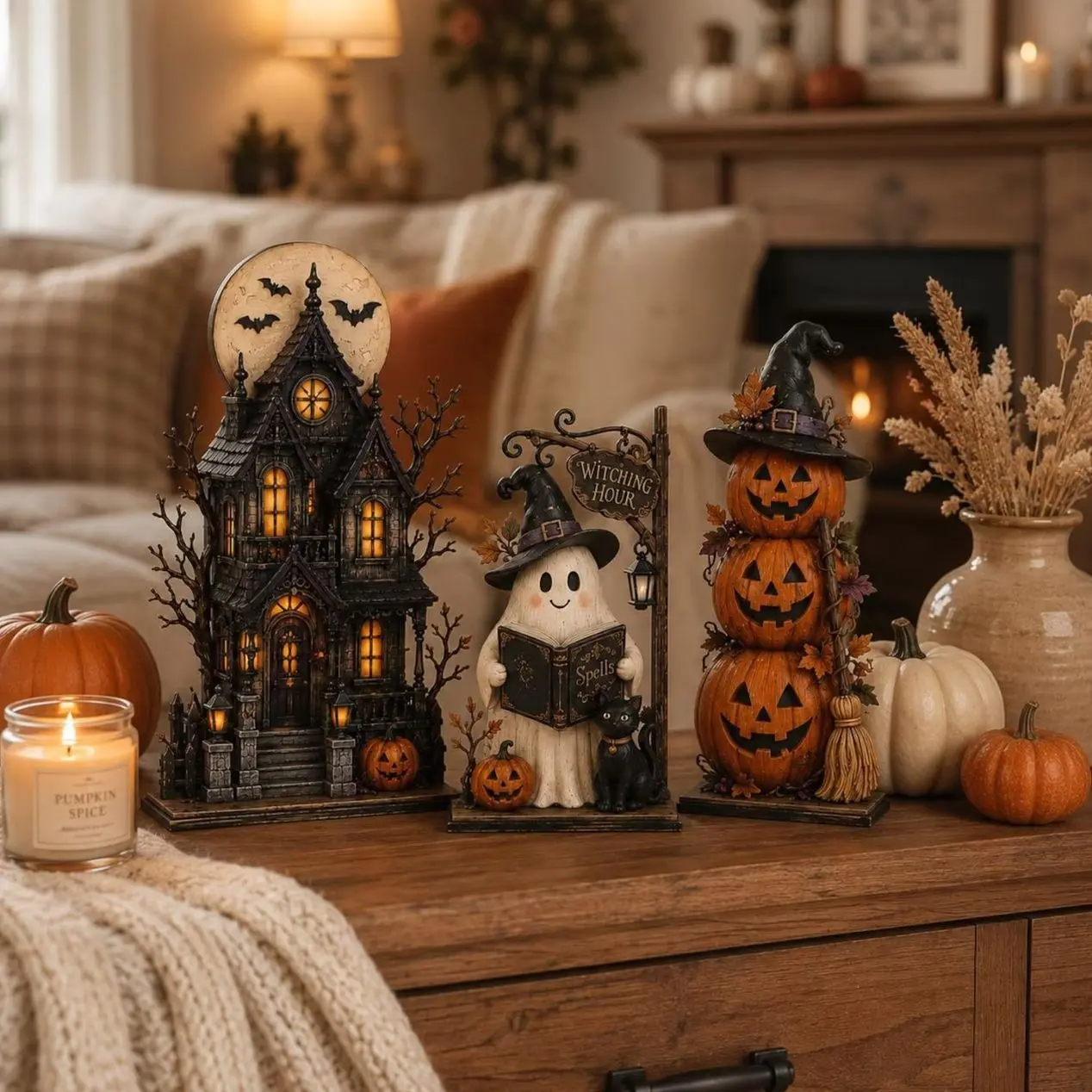 Haunted House Ghost Pumpkin Sign, Wooden Block Halloween Decor, Spooky Tiered Tray Shelf Table Centerpiece Gift for Fall Home