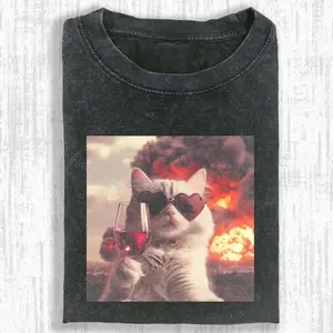 WACKY CAT Unisex Vintage Crew Neck Regular Fit Cotton Fabric Casual Comfort Breathable Short Sleeve Funny T-shirts Fashion Men&Women's Top for Daily Wear 102209