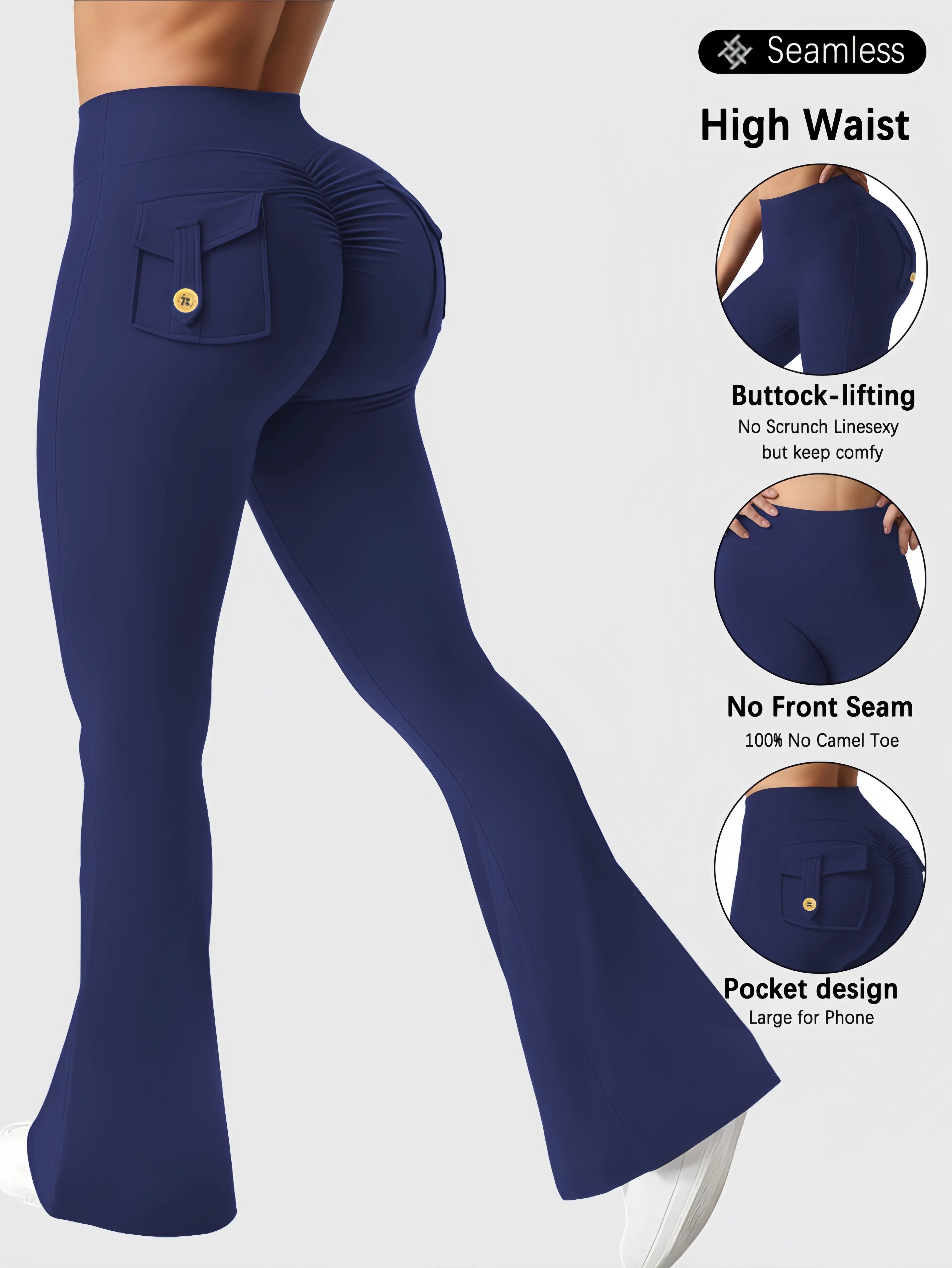 Women's Plus Size High-Waist Cargo Flare Leggings - Stretchy Soft Bootcut Fitness Training Pants with Phone Pockets, Sporty Chic Women's Clothes for Workout & Casual Wear, Fitness Training Pant, Curvy Clothing, Plus Size Clothes, Workout Pants