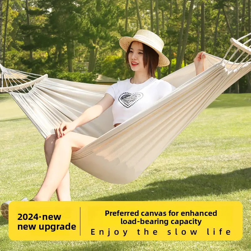 Single Stable Polyester-Cotton Hammock with Reinforced Spreader Bars, Wooden Sticks, 450 lbs Capacity, Anti-Rollover Design, Easy Setup, Lightweight and Compact Folding Portability, Matching Storage Bag for Camping, Outdoor Leisure, No