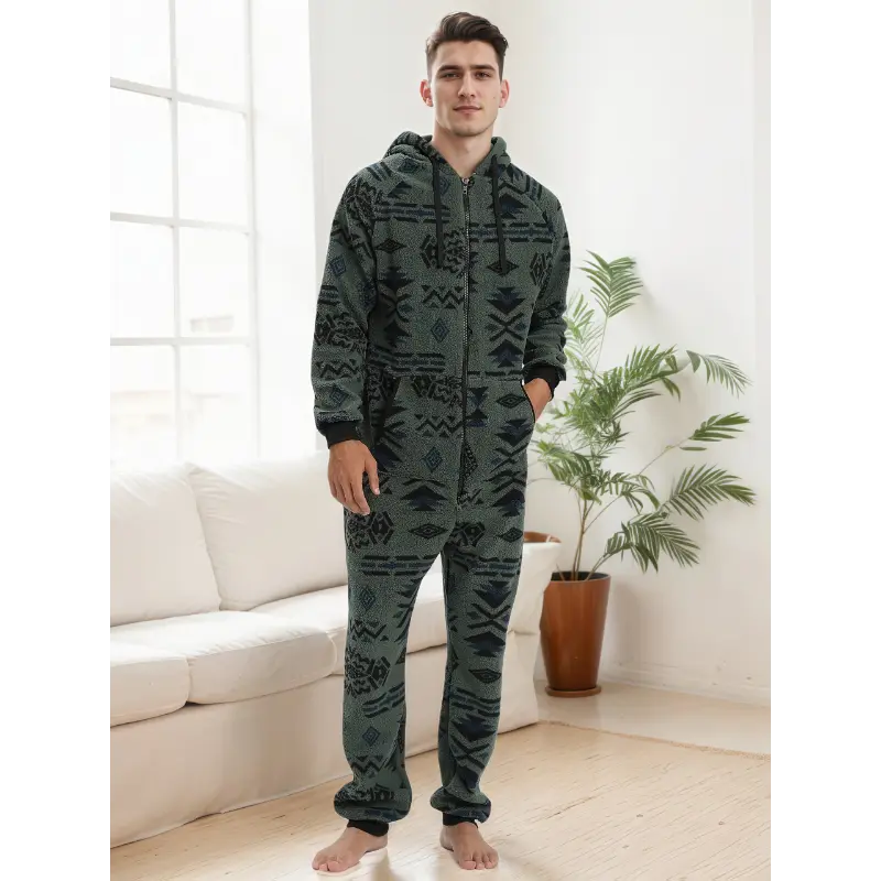 Men's Camouflage Plush Onesie - Casual, Long Sleeve Full-Zip Hooded Loungewear, Warm Thermal Polyester Fabric for Cold Weather, Christmas Costume, Knit, Loose-Fitting, Longsleeves, Drawstring, No, Machine Wash, Do Not Dry Clean, Stretch