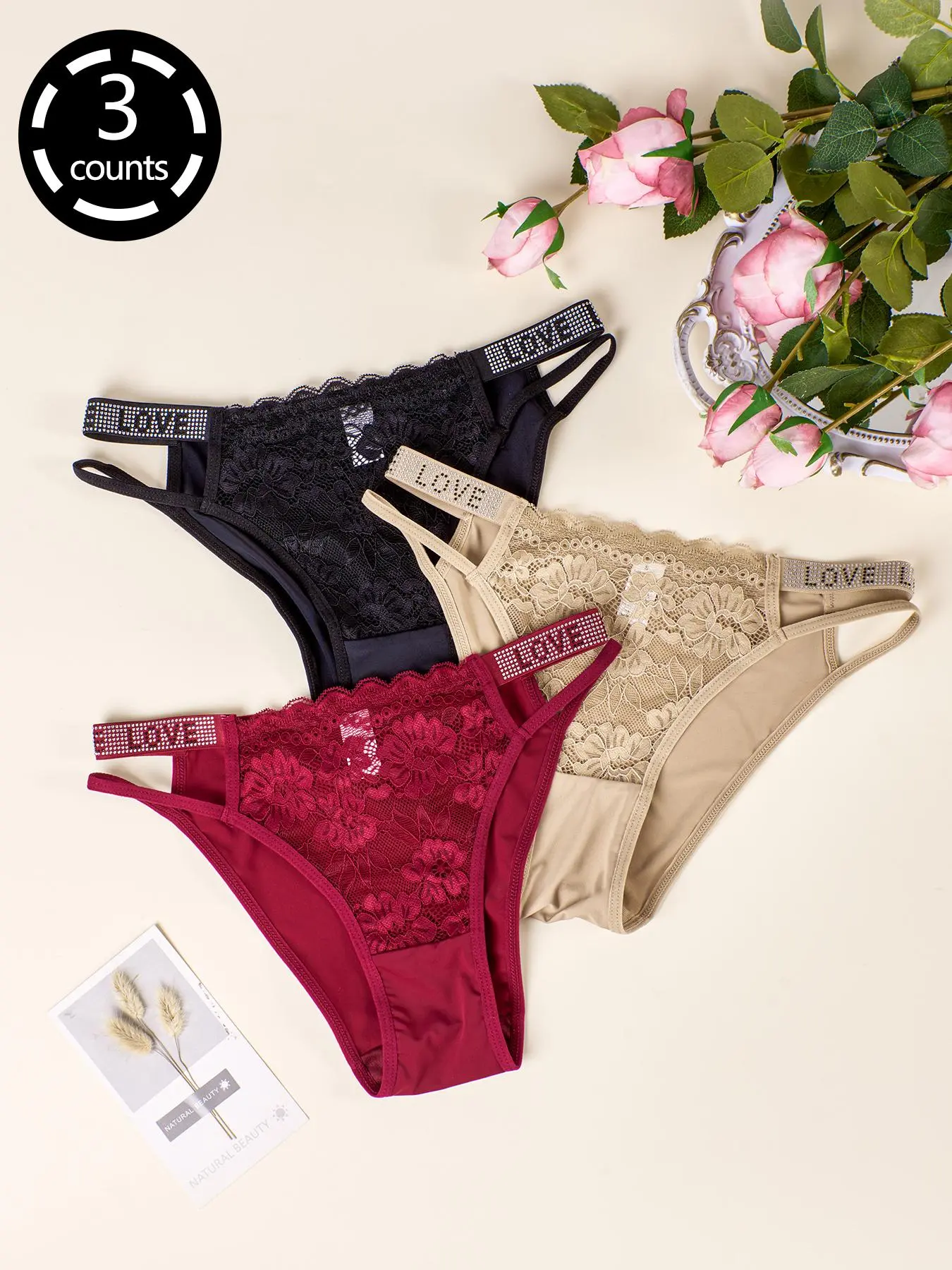 DORSU 3/4/5/6 piece Women's Floral Lace Rhinestone Decor "LOVE" Print Panties, Casual Comfy Breathable Cut Out Knicker for Daily Wear, Ladies Underwear for All Seasons, Summer Outfits 2024
