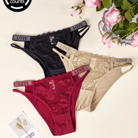 DORSU 3/4/5/6 piece Women's Floral Lace Rhinestone Decor "LOVE" Print Panties, Lace Fitted Panty, Casual Comfy Breathable Cut Out Knicker for Daily Wear, Ladies Underwear for All Seasons, Summer Outfits 2024