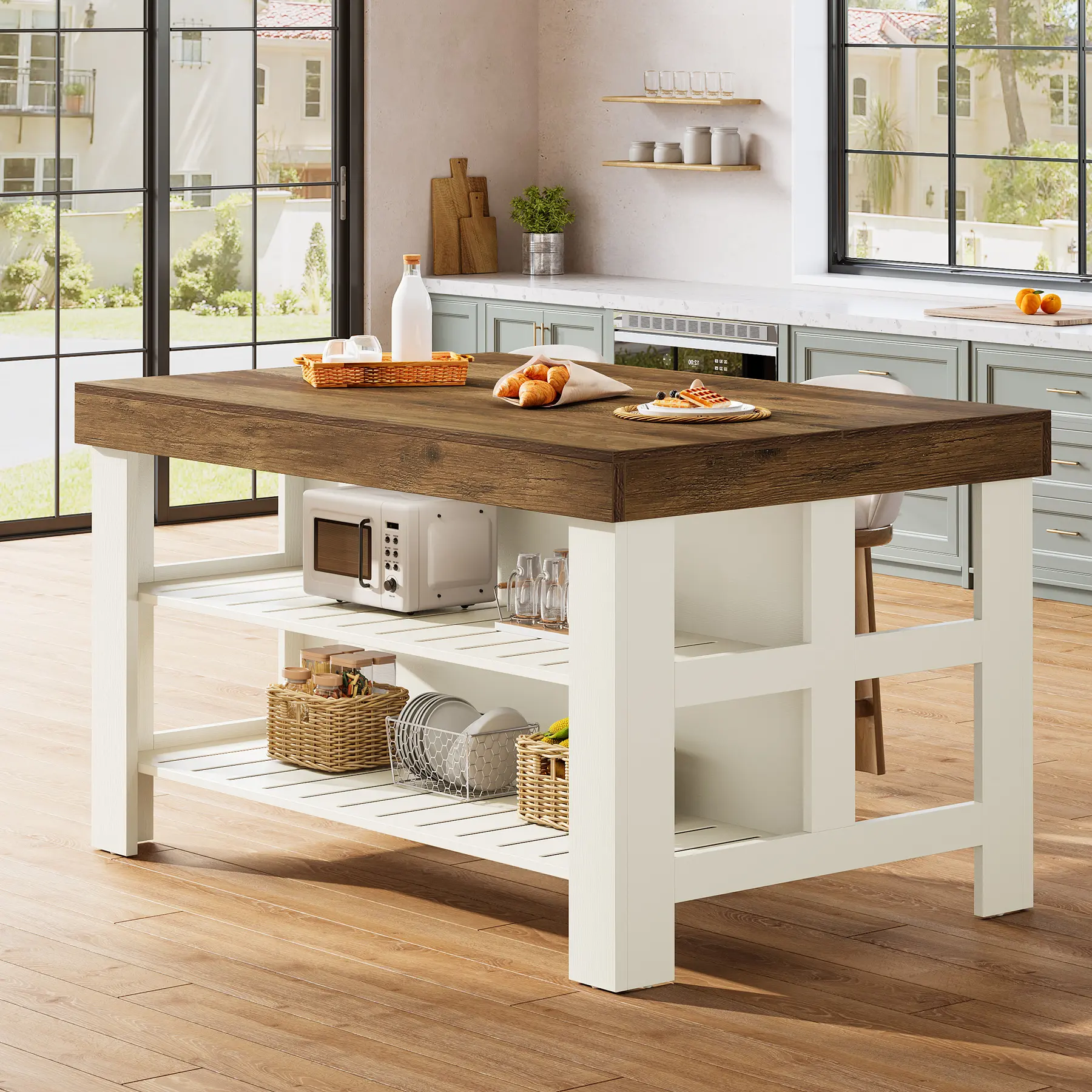 Tribesigns Light Brown Kitchen Island With 3 Shelves, Farmhouse Style, 55 Inches Wide, Easy to Assemble Tribesigns Light Brown Kitchen Island With 3 Shelves, Farmhouse Style, 55 Inches Wide, Easy to Assemble