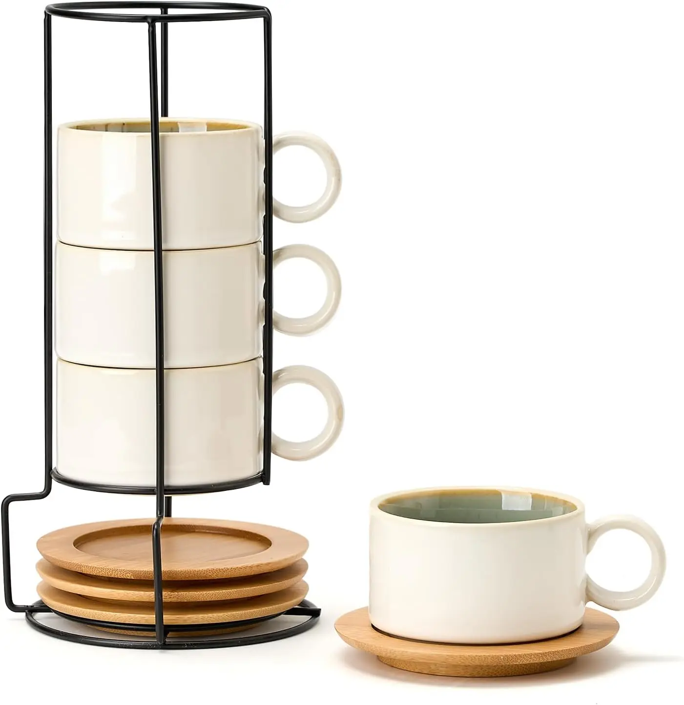 6 Ounce Porcelain Stackable Espresso Cups with Saucers and Metal Stand Set of 4, Ceramic Cappuccino Cups Set for Specialty Coffee Drinks, Latte, Cafe Mocha and , White Green Interior
