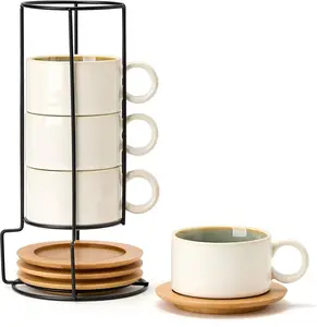 6 Ounce Porcelain Stackable Espresso Cups with Saucers and Metal Stand Set of 4, Ceramic Cappuccino Cups Set for Specialty Coffee Drinks, Latte, Cafe Mocha and , White Green Interior