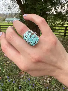 Turquoise Barrel Ring with Silver Lightning Bolts (Size 6.75-7)