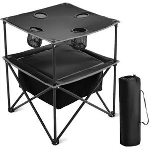 Portable Outdoor Folding Camping Table with 4 Cup Holders & Cooler Compartment, Waterproof Picnic Table for Picnic, BBQ, Beach, Hiking (Black, 1 PCS)