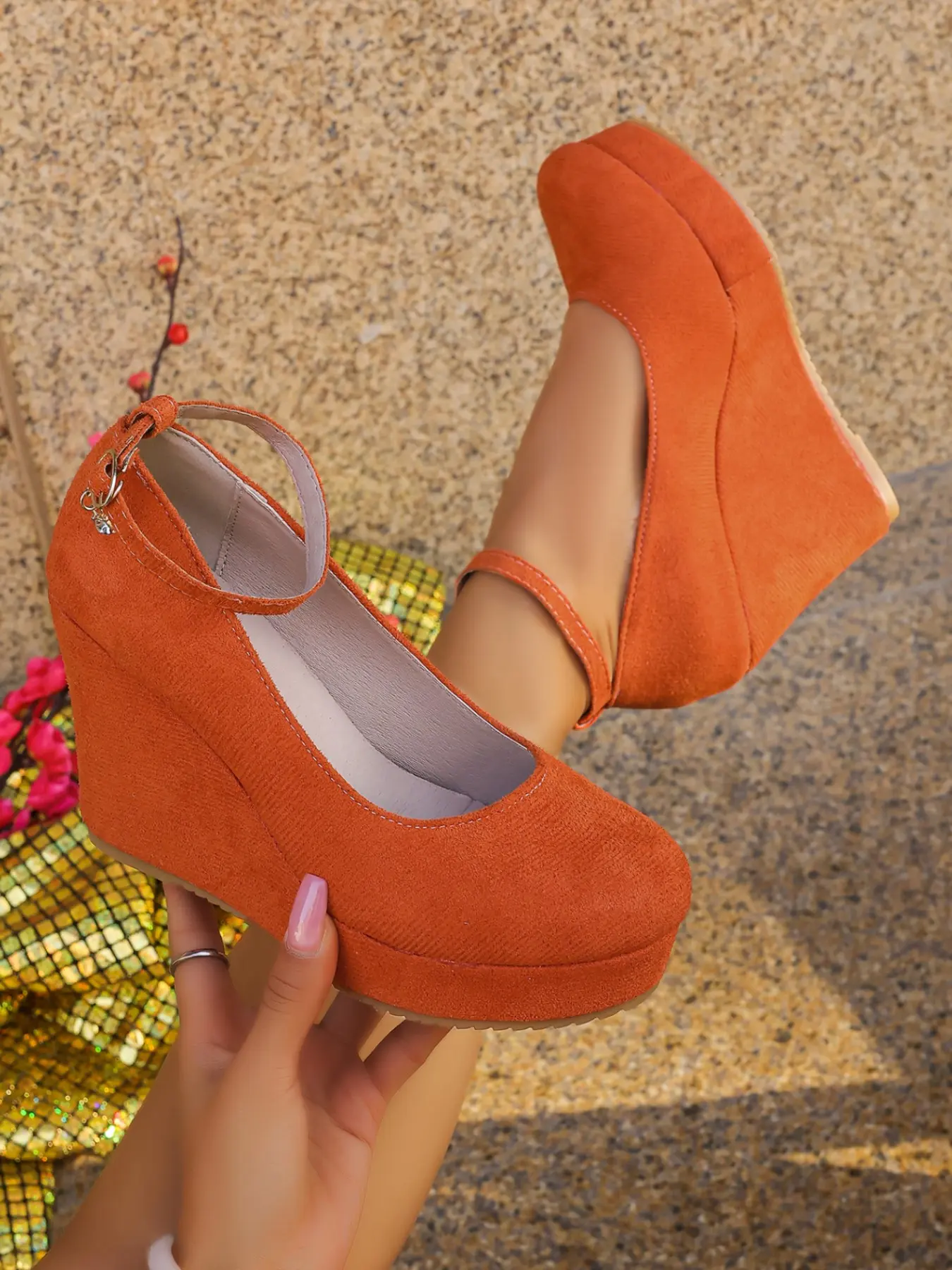 French Style Solid Color Wedge Sandals, Round Toe Low Cut Thin Ankle Strap Thick Sole Waterproof Platform High Heel Shoes, Large Sizes Available, Multiple Colors, Women Elegant, Elegant Party Footwear