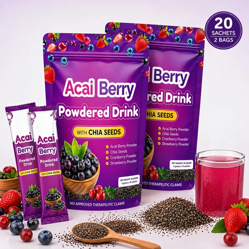 Acai Berry Drink Powder, 20 Individual Sachets with Chia Seeds, Mixed Berry Instant Beverage Blend with Acai, Cranberry & Strawberry Flavor, Easy-to-Mix Fruity Powder for Daily Drinks