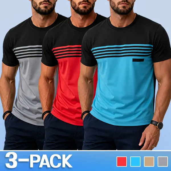 Men's 3-Pack Slim-Fit Colorblock Striped Round Neck Shortsleeve T-Shirts - Basic Menswear Set with Clean Cuts, Vibrant Touch, Breathable Comfortable Fabric for Everyday Commuting, Light Business Wear