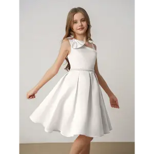 Elegant Navy Blue Sleeveless A-Line Dress for Young Ladies - Asymmetrical Neck, Ribbon Waistband, Perfect for Weddings and Formal Events, Formal Event Dress | Elegant Lady Dress | Ribbon Waistband Detail, Little Lady Dress Fit Fabric