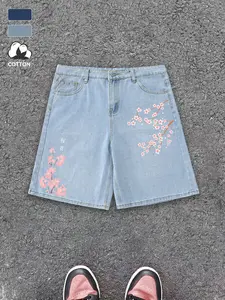 Men's Sakura Print Denim Shorts, Geometric Pattern, High-Quality Soft Cotton, Loose Fit, Casual Street Style, All Seasons