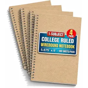 Wirebound Spiral College Ruled Notebook 6 x 9, 3 Subject Notepad,  Cover, 100 Sheets, (4/Pack)