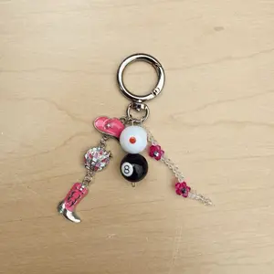 Poolball Cowgirl Keychain with Pink Hat, 8 Ball Charm,Disco ball and Cowboy Boot Pendant