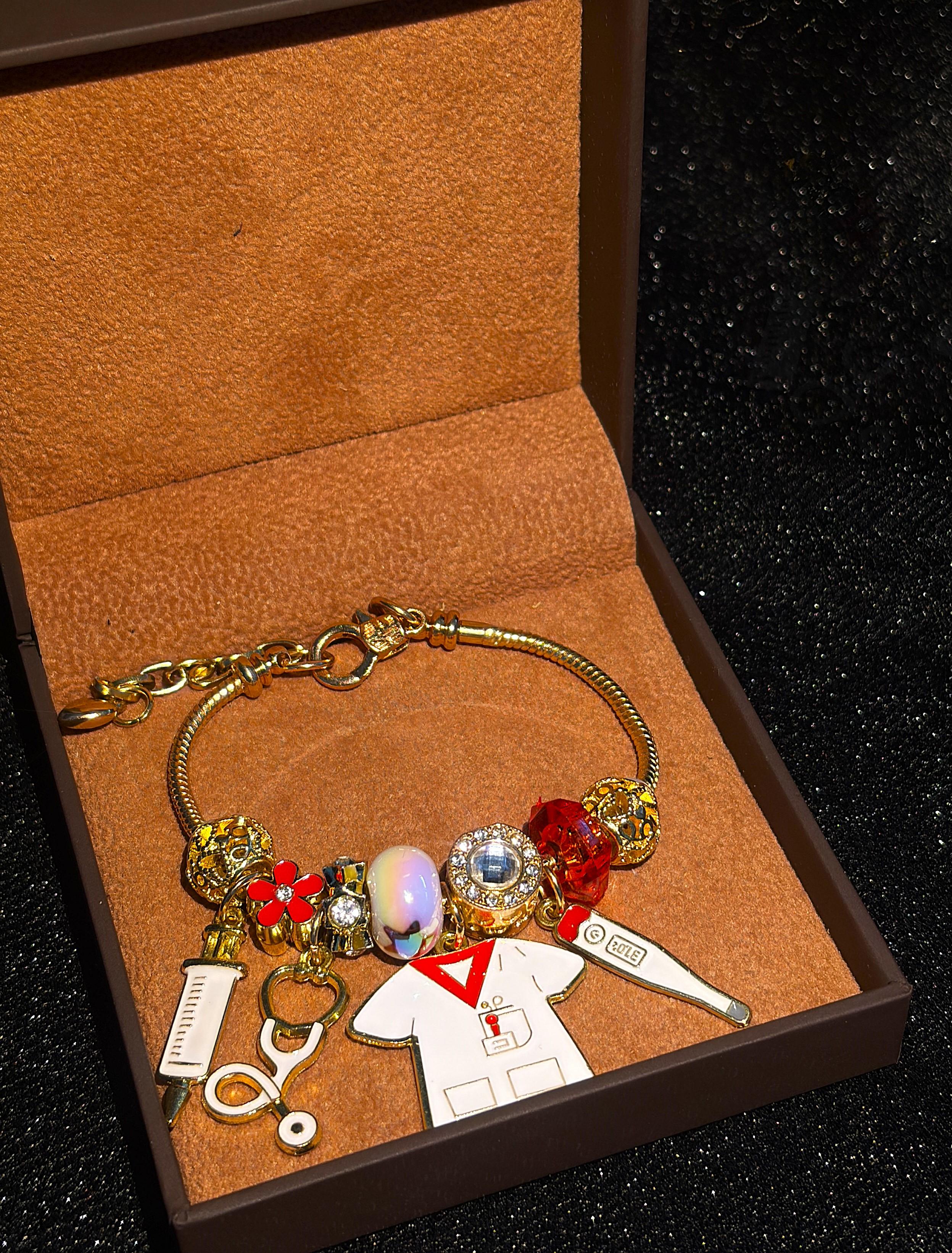 Women's Appreciation-Themed Gold-Tone Beaded Charm Bracelet with Uniform-Style Dangle Charms, Meaningful Costume Jewelry Gift
