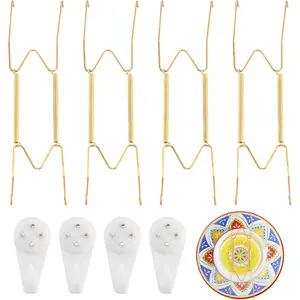 4 Pack Plate Hangers for Wall, Suitable for 9-12 inch Art Plates, Stainless Steel Invisible Heavy-Duty Wire Plate Holder with Wall Hooks, Display Hanger for Decorative Plates Dishes Platters, Gold