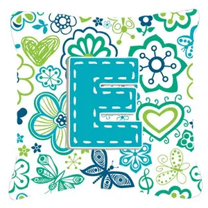Carolines Treasures  Letter E Flowers And Butterflies Teal Blue Canvas Fabric Decorative Pillow, Polyester Fabric, Fade Resistant, Indoor/Outdoor