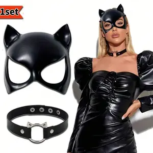 Christmas Decoration Set Sexy Cat Mask Fashion Adjustable Punk Gothic Necklace Cosplay Prop Christmas Carnival Party Animal Role Play Mask Accessories