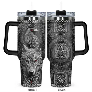Viking Norse Mythology Tumbler with Handle 40oz, Gothic Odin Raven Wolf Stainless Steel Insulated Travel Mug, Celtic Knot Graphic Cup Pagan Wiccan Gift For Men Women, Heavy Duty Car Mug Straw Lid