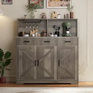 Buffet Cabinet with Microwave Stand,Barn Doors Sideboard Storage Cabinet with Drawers and Shelves,Wood Coffee Bar Cabinet for Kitchen,Living Room,Grey