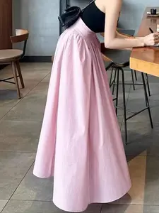 French-style high-end niche chic aesthetic casual skirt for women, a new summer design with woven pleated A-line and large swing fit long skirt, Womenswear