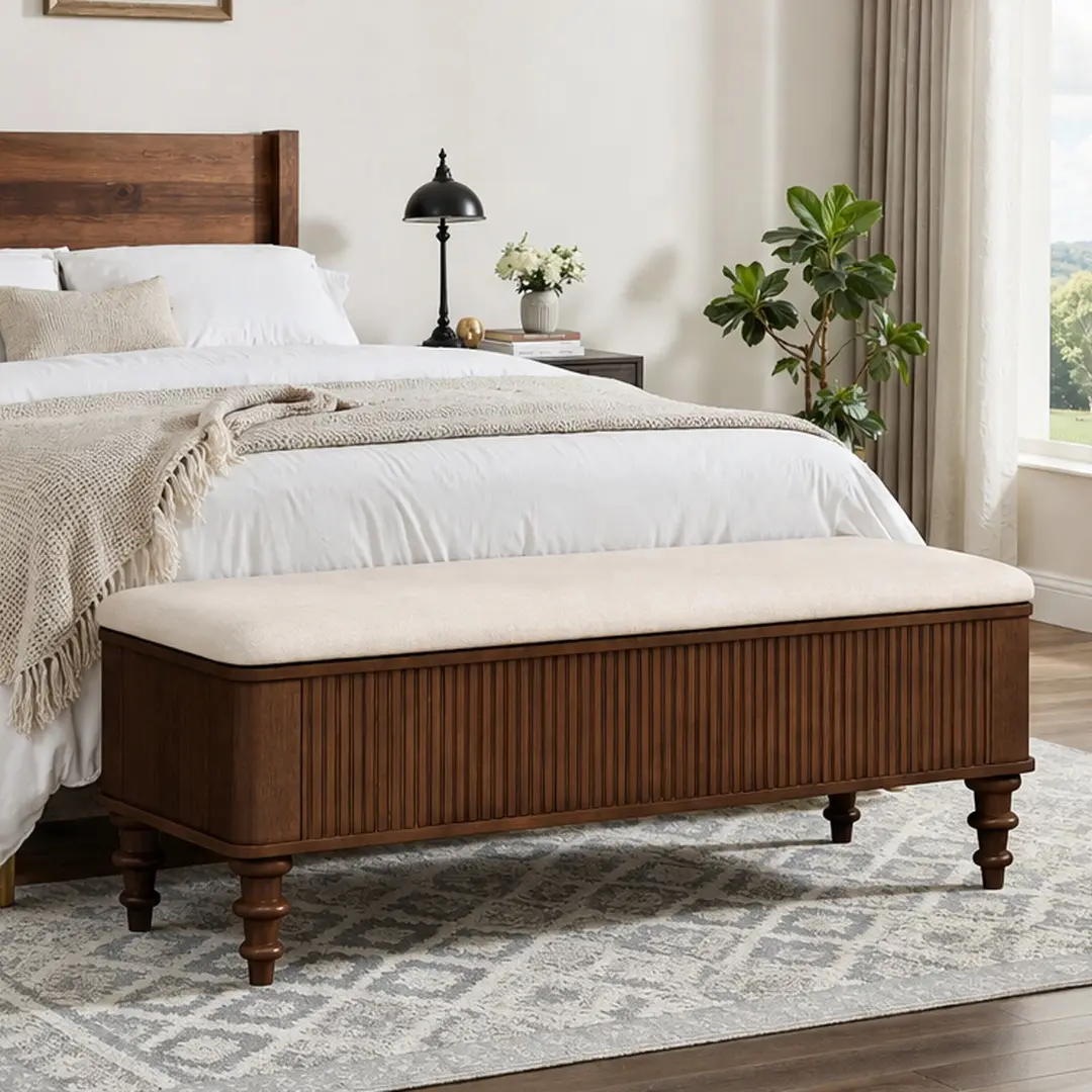 50.8in Multi-Functional Storage Ottoman Bench with Linen Seat Solid Rubberwood Bed End Bench Storage Bench for Bedroom Entryway Living Room Closet Shoe Organizer Walnut, Walnut Color Options, Rubber Wood Material, Product Weight: 59.52 lb