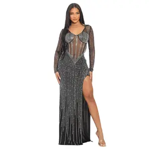 Sheer Rhinestone Corset Gown with High Slit - Long Sleeve Mesh Bodycon Maxi Dress Black Maxi Dress with Sparkling Rhinestones