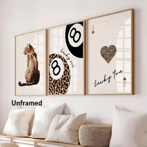 3pcs/set, Vintage Leopard Cheetah Prints, 8 Pool Ball Lucky Trendy Wall Art, Trendy Lucky You Preppy Canvas Posters, Chic Luxury Home Decor, Artwork For Living Room, Bedroom, Kitchen, Cafe, Bar, Hallway, Dorm, Home And Room Decoration, Artistic, Unframed