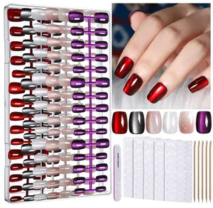 FANDAMEI Cat Eye Press On Nails, 6 Colors Press On Nails Short Square, Natural Fake Nails Fine Diamond Shine, Glossy Ombre, Cat Eye Nails for Women with Salon Quality, Press on Nails Kit