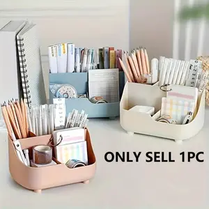Large Capacity Simple Solid Color Five-Compartment Desktop Storage Box, Multi-Functional Material Desk Organizer, Desk Tidy, Desk Accessories, Essential Office & Home Use, Pencil Holder