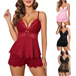 Women's Lace Trim Loungewear Set - Comfort Fit Strappy Top & Shorts, Breathable Home Wear Two-Piece Outfit