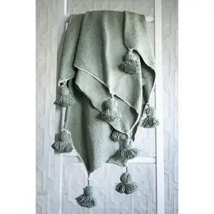 Moroccan Pom Pom Throw Blanket - Sage Green