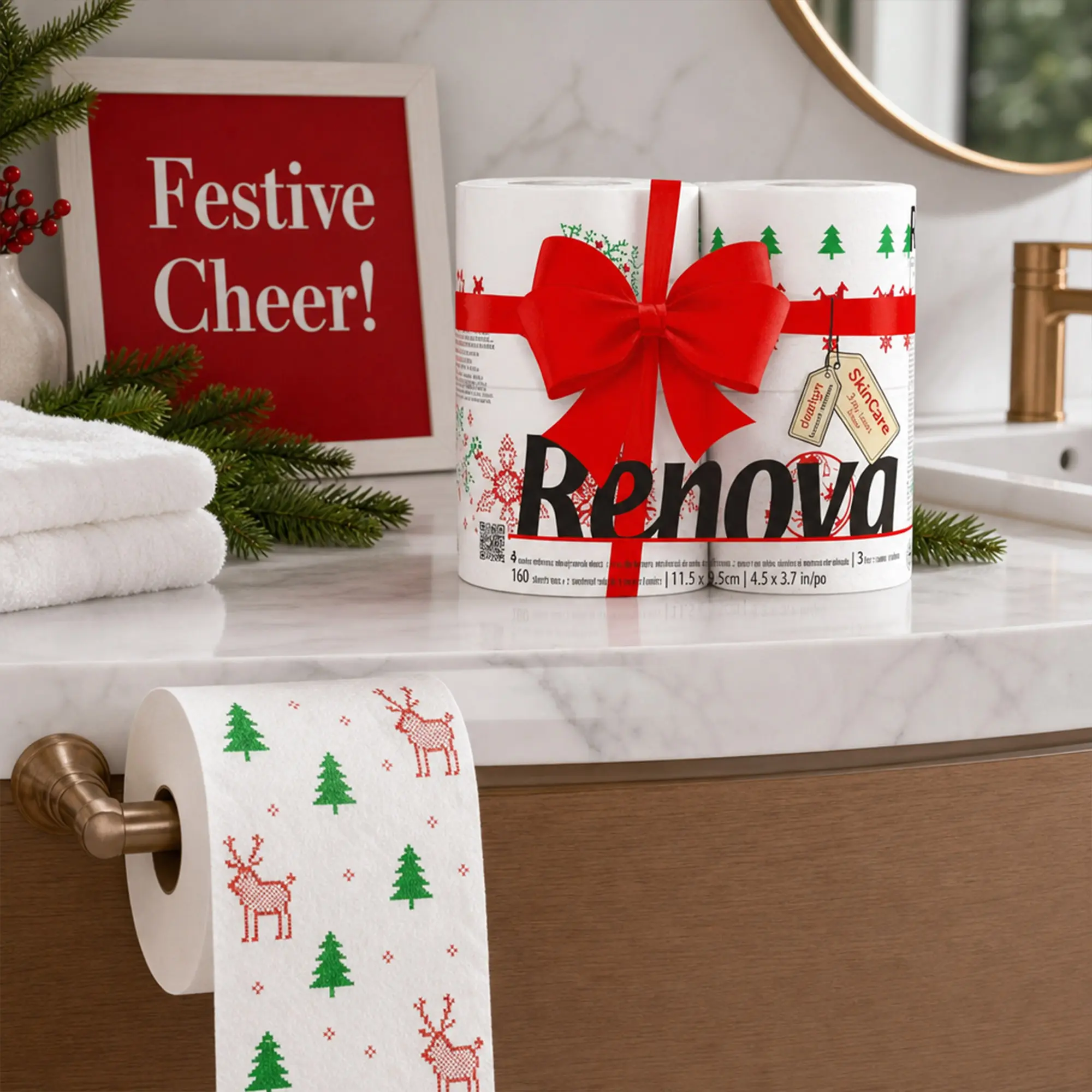 Renova Christmas Toilet Paper 4 Rolls Pack - 3 Ply -160 Sheets per Roll - Festive and Fun Bathroom Essential for the Holidays