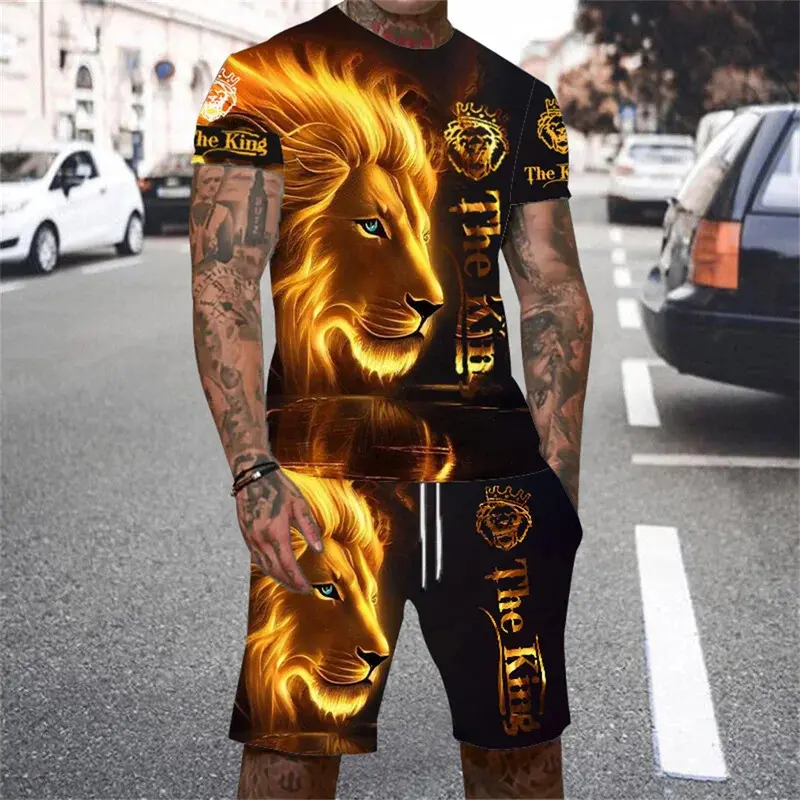 Men's short sleeved T-shirt set animal lion wolf 3D printed personalized T-shirt men's set casual outdoor sports set clothing li
