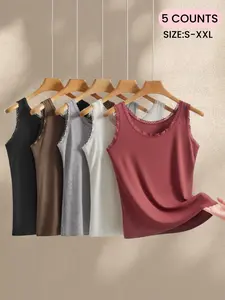 Women's Sexy Lace Shoulder Strap Sleeveless Knit Solid Basic Round Neck Tank Top Set, Underwear, Comfortable Soft Elastic Stretchy, Casual Home &Sleep Wear, All Seasons